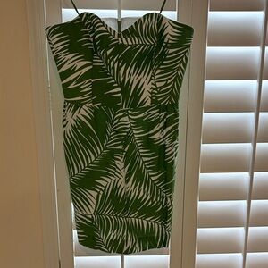 Milly Green and White Palm Print Strapless Dress